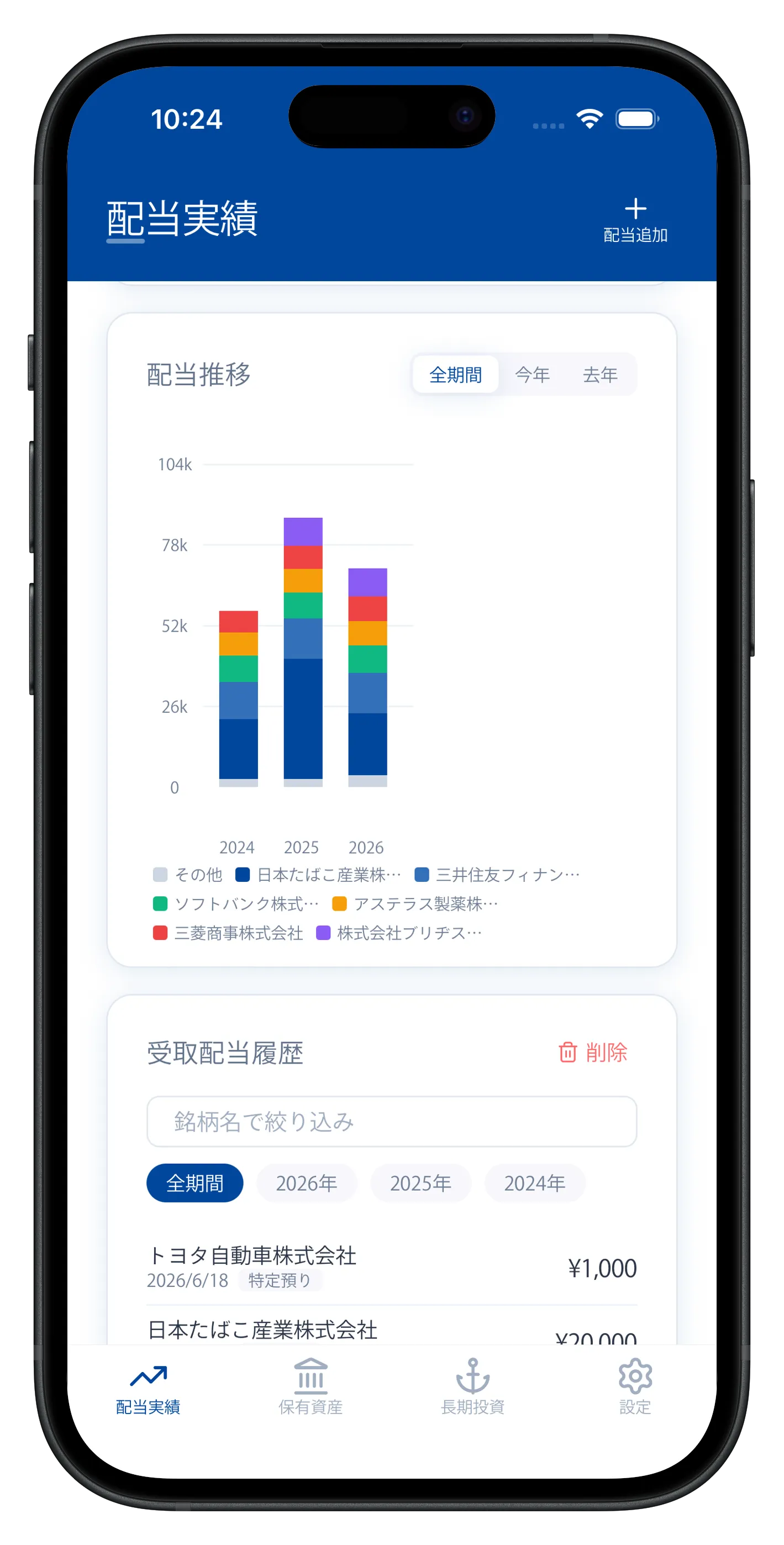 配当推移グラフ（銘柄別の積み上げ）